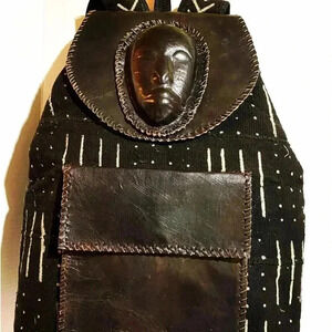 Handmade unisex Africa mud cloth leather backpack